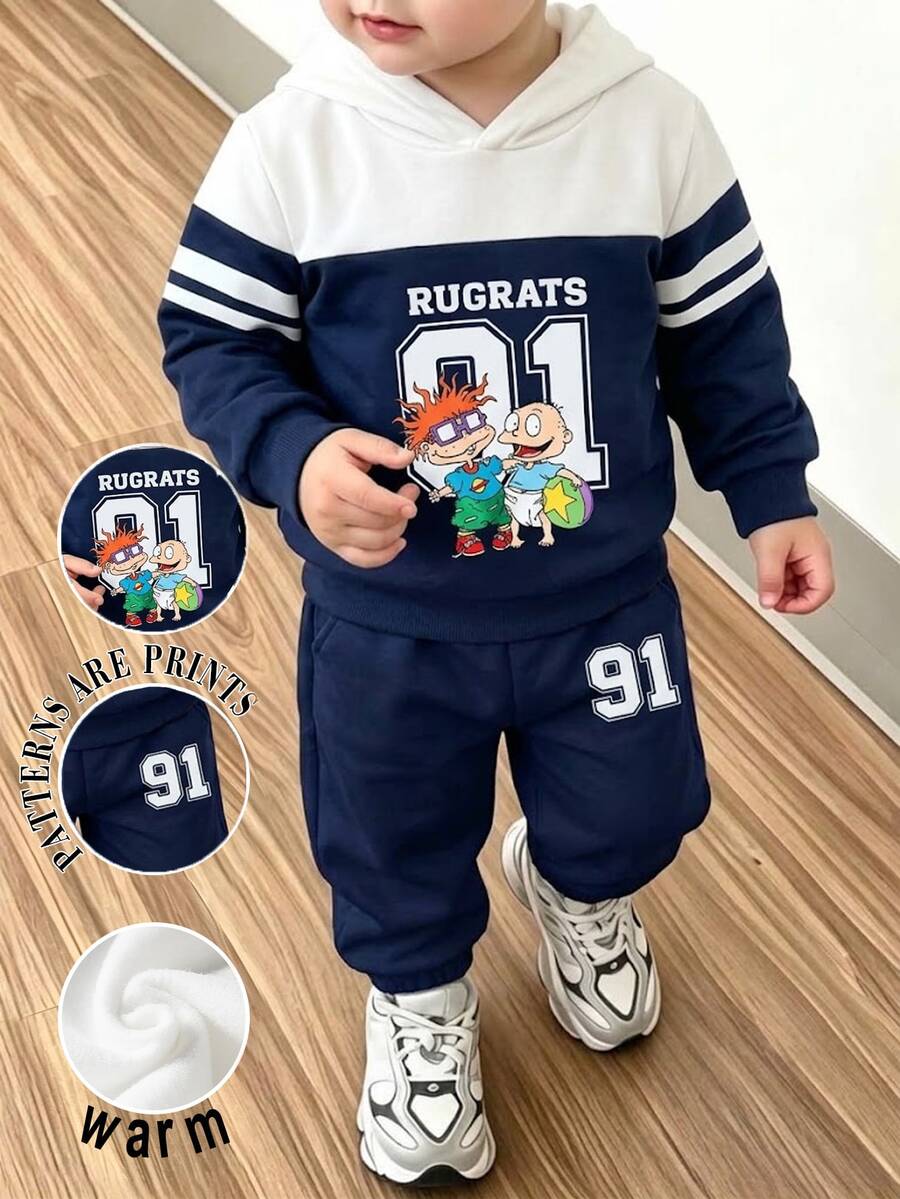 Nick 90s | SHEIN Nick 90s | 2件組男嬰休閒可愛拼色卡通印花圓領長袖衛衣與運動長褲套裝，抓絨內裡，適合秋冬 - 彩色 - 查看 1