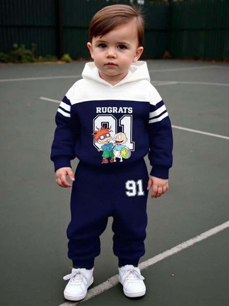 Nick 90s | SHEIN Nick 90s | 2pcs Baby Boy Casual Cute Colorblock Cartoon Print Crew Neck Long Sleeve Sweatshirt And Sweatpants Set, Fleece Lined Suitable For Autumn/Winter - Multicolor - View 1