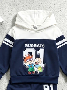 Nick 90s | SHEIN Nick 90s | 2pcs Baby Boy Casual Cute Colorblock Cartoon Print Crew Neck Long Sleeve Sweatshirt And Sweatpants Set, Fleece Lined Suitable For Autumn/Winter - Multicolor - View 3