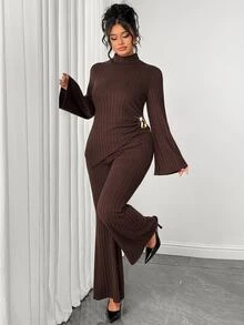 SHEIN LUNE CURVE Plus Size Women's Autumn/Winter Fashion Elegant Minimalist Versatile Fuzzy Plush Fabric Button Decor Split Flare Long Sleeve Top And Slim Fit Flare Long Pants Solid Color 2 Pieces Set - Brown - View 5