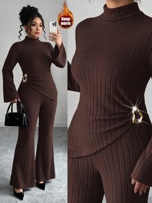 SHEIN LUNE CURVE Plus Size Women's Autumn/Winter Fashion Elegant Minimalist Versatile Fuzzy Plush Fabric Button Decor Split Flare Long Sleeve Top And Slim Fit Flare Long Pants Solid Color 2 Pieces Set - Brown - View 3
