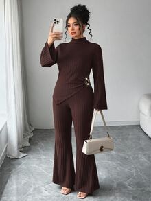 SHEIN LUNE CURVE Plus Size Women's Autumn/Winter Fashion Elegant Minimalist Versatile Fuzzy Plush Fabric Button Decor Split Flare Long Sleeve Top And Slim Fit Flare Long Pants Solid Color 2 Pieces Set - Brown - View 4
