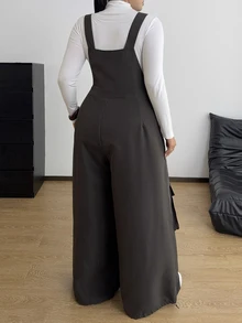 POPSWAY Plus Size Women's Casual Commute Minimalist Utility Woven Grey Jumpsuit Fall - Grey - View 2