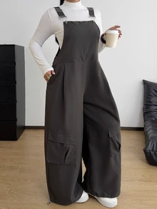 POPSWAY Plus Size Women's Casual Commute Minimalist Utility Woven Grey Jumpsuit Fall - Grey - View 4
