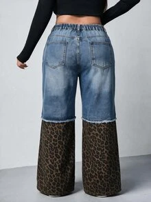 SHEIN MOD Plus Size Fall Women's Leopard Print Patchwork Denim Jeans, Ripped Wide Leg Baggy Pants For Women, Y2K Fall Going Out Outfits - Blue - View 2