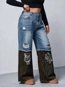 SHEIN MOD Plus Size Fall Women's Leopard Print Patchwork Denim Jeans, Ripped Wide Leg Baggy Pants For Women, Y2K Fall Going Out Outfits - Blue - View 4
