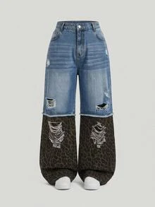 SHEIN MOD Plus Size Fall Women's Leopard Print Patchwork Denim Jeans, Ripped Wide Leg Baggy Pants For Women, Y2K Fall Going Out Outfits - Blue - View 1