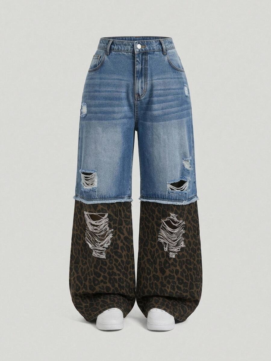SHEIN MOD Plus Size Fall Women's Leopard Print Patchwork Denim Jeans, Ripped Wide Leg Baggy Pants For Women, Y2K Fall Going Out Outfits - Blue - View 1