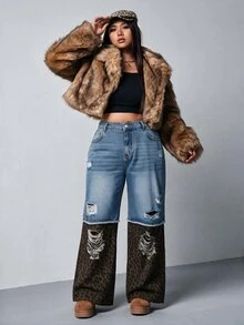 SHEIN MOD Plus Size Fall Women's Leopard Print Patchwork Denim Jeans, Ripped Wide Leg Baggy Pants For Women, Y2K Fall Going Out Outfits - Blue - View 6