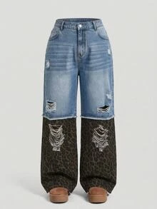 SHEIN MOD Plus Size Fall Women's Leopard Print Patchwork Denim Jeans, Ripped Wide Leg Baggy Pants For Women, Y2K Fall Going Out Outfits - Blue - View 9