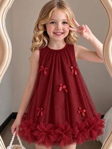 SHEIN Elladie kids 女童無袖酒紅色箔飾洋裝，甜美可愛風，優雅公主生日度假穿搭，秋季長袍，優雅時尚聖誕裝 - 酒紅色 - 查看 5