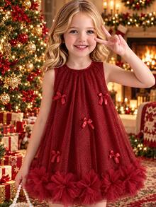 SHEIN Elladie kids 女童無袖酒紅色箔飾洋裝，甜美可愛風，優雅公主生日度假穿搭，秋季長袍，優雅時尚聖誕裝 - 酒紅色 - 查看 4