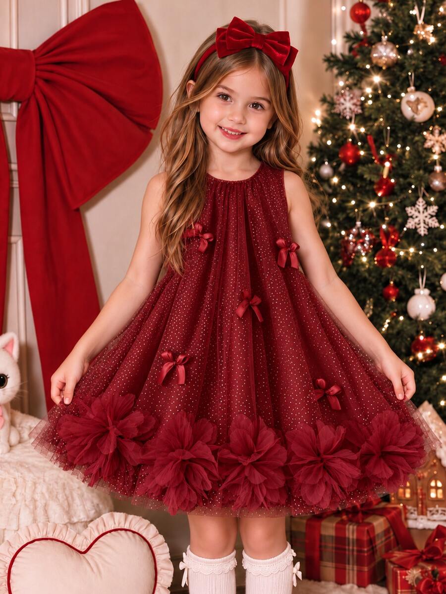 SHEIN Elladie kids 女童無袖酒紅色箔飾洋裝，甜美可愛風，優雅公主生日度假穿搭，秋季長袍，優雅時尚聖誕裝