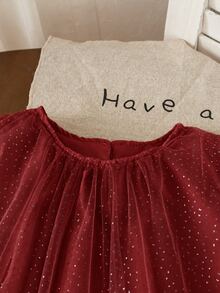 SHEIN Elladie kids 女童無袖酒紅色箔飾洋裝，甜美可愛風，優雅公主生日度假穿搭，秋季長袍，優雅時尚聖誕裝 - 酒紅色 - 查看 9