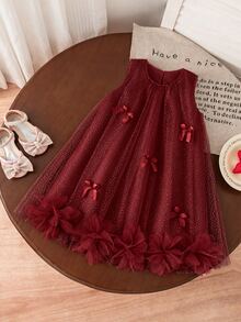 SHEIN Elladie kids 女童無袖酒紅色箔飾洋裝，甜美可愛風，優雅公主生日度假穿搭，秋季長袍，優雅時尚聖誕裝 - 酒紅色 - 查看 6