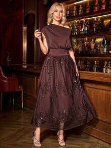 SHEIN Clasi 女款優雅派對宴會高階重工裝飾婚紗 2 件套 - 咖啡棕 - 查看 7