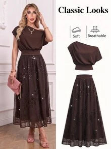 SHEIN Clasi 女款優雅派對宴會高階重工裝飾婚紗 2 件套 - 咖啡棕 - 查看 2