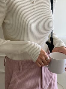 DAZY Mock Neck Ribbed Knit Sweater,Long Sleeve Tops,Fall Clothes - Beige - View 4