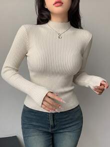 DAZY Mock Neck Ribbed Knit Sweater,Long Sleeve Tops,Fall Clothes - Beige - View 8