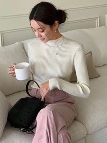 DAZY Mock Neck Ribbed Knit Sweater,Long Sleeve Tops,Fall Clothes - Beige - View 7