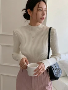DAZY Mock Neck Ribbed Knit Sweater,Long Sleeve Tops,Fall Clothes - Beige - View 9