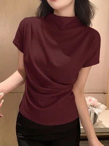 DAZY 純色漏斗領蝙蝠袖T恤 - 酒紅色 - 查看 2