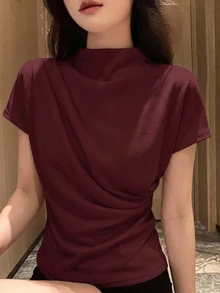 DAZY 純色漏斗領蝙蝠袖T恤 - 酒紅色 - 查看 8