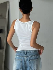 SHEIN x PRISCILA & JIMENA DAZY Women's Pleated Scoop Neck Sleeveless Casual Versatile Tank Top - White - View 2