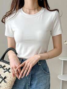DAZY Women's Solid Color Crew Neck Fitted Short Sleeve Undershirt Summer Preppy Tops - White - View 6