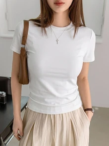 DAZY Women's Solid Color Crew Neck Fitted Short Sleeve Undershirt Summer Preppy Tops - White - View 4