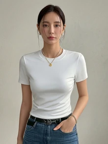 DAZY Women's Solid Color Crew Neck Fitted Short Sleeve Undershirt Summer Preppy Tops - White - View 9
