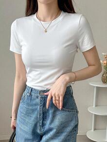 DAZY Women's Solid Color Crew Neck Fitted Short Sleeve Undershirt Summer Preppy Tops - White - View 3