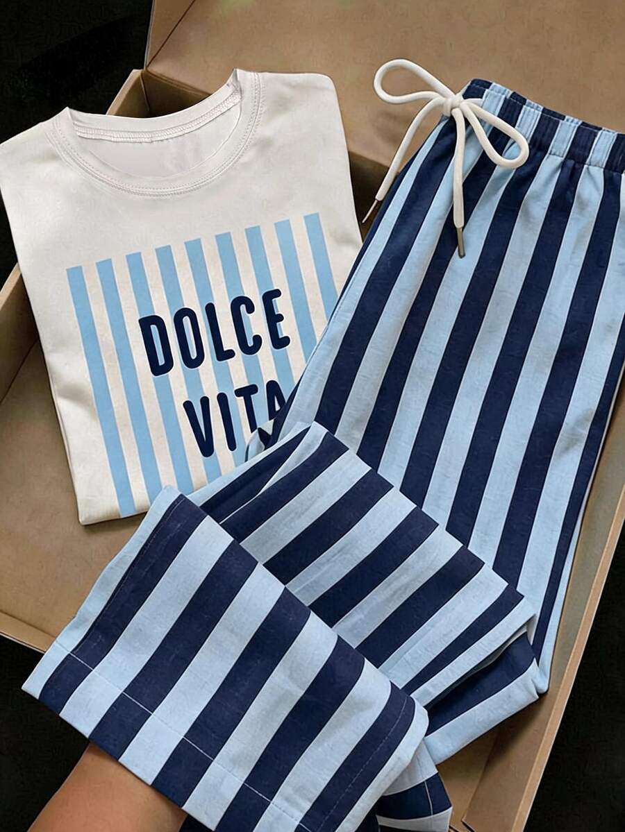 Comfortcana Women's Letter Stripe Print Crew Neck Short Sleeve T-Shirt And Pants Casual 2-Piece Set