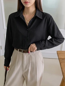 Dazy-Less 休閒百搭純色長袖女款襯衫 秋季 - 黑色 - 查看 3
