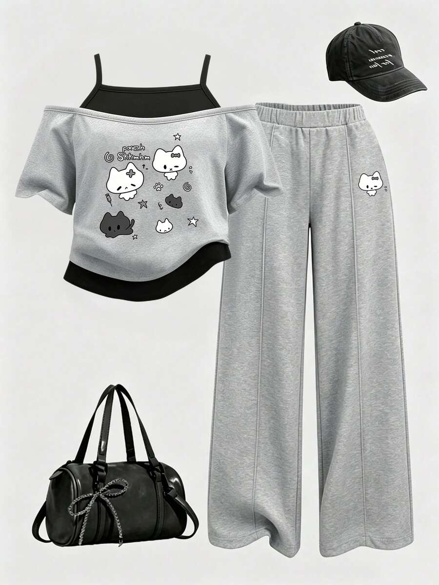 青少年女孩時尚清新可愛兔子蝴蝶結懶貓動物圖案字母標語印花 2合1露肩細肩帶短袖T恤與直筒長褲套裝 - 彩色 - 查看 1