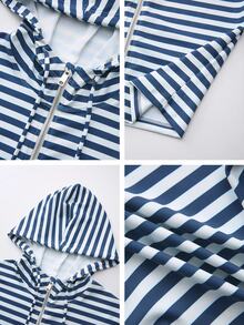 Fluxe Women Blue White Stripe Print Two Way Zip Up Cropped Hooded Jacket Long Sleeve Slim Fit Gym Workout Training Running Athletic Sportswear - Multicolor - View 6