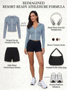 Fluxe Women Blue White Stripe Print Two Way Zip Up Cropped Hooded Jacket Long Sleeve Slim Fit Gym Workout Training Running Athletic Sportswear - Multicolor - View 10