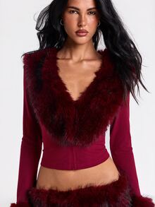 ROMWE Áo top nữ ôm sát cổ V sâu, hở trước, phối lông giả, phong cách Y2K Hot Girl Party - Màu Đỏ Sâu - Xem 9