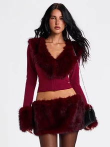 ROMWE Áo top nữ ôm sát cổ V sâu, hở trước, phối lông giả, phong cách Y2K Hot Girl Party - Màu Đỏ Sâu - Xem 4