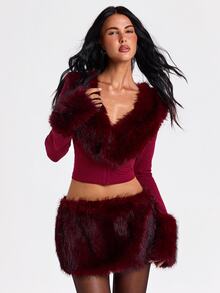 ROMWE Áo top nữ ôm sát cổ V sâu, hở trước, phối lông giả, phong cách Y2K Hot Girl Party - Màu Đỏ Sâu - Xem 6