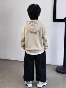 SHEIN 2件組小男孩休閒街頭風韓式連帽長袖衛衣與純色鬆緊腰運動長褲套裝，適合返校、生日、嬰兒洗禮、節日派對，秋冬穿著 - 彩色 - 查看 2