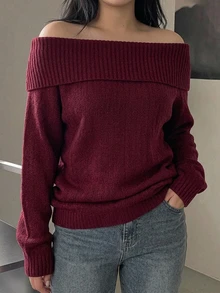 Dazy Plus Red New Year Christmas Off-Shoulder Korean Style Autumn/Winter New Pullover Sweater - Burgundy - View 8
