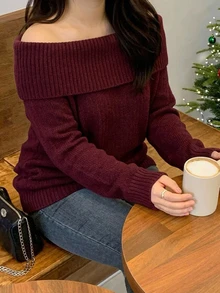 Dazy Plus Red New Year Christmas Off-Shoulder Korean Style Autumn/Winter New Pullover Sweater - Burgundy - View 4