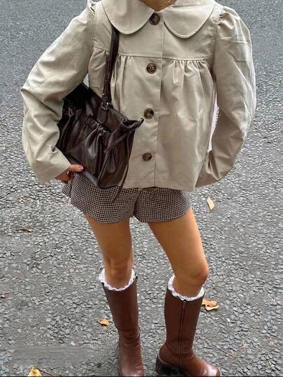 Aloruh Khaki Romantic Cute Vacation Autumn/Winter Peter Pan Collar A-Line Petal Sleeve Short Trench Coat Jacket For Women