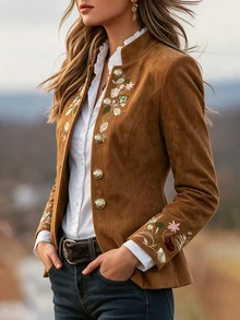 SHEIN Women's New Autumn/Winter Bohemian 1920 Vintage Elegant Casual Style Brown Embroidered Jacket Holiday Going Out Fancy Formal - Brown - View 6