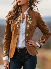 SHEIN Women's New Autumn/Winter Bohemian 1920 Vintage Elegant Casual Style Brown Embroidered Jacket Holiday Going Out Fancy Formal - Brown - View 7