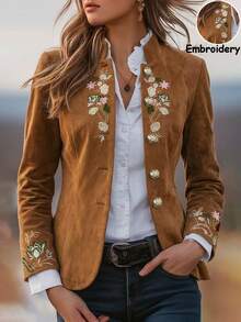 SHEIN Women's New Autumn/Winter Bohemian 1920 Vintage Elegant Casual Style Brown Embroidered Jacket Holiday Going Out Fancy Formal - Brown - View 4