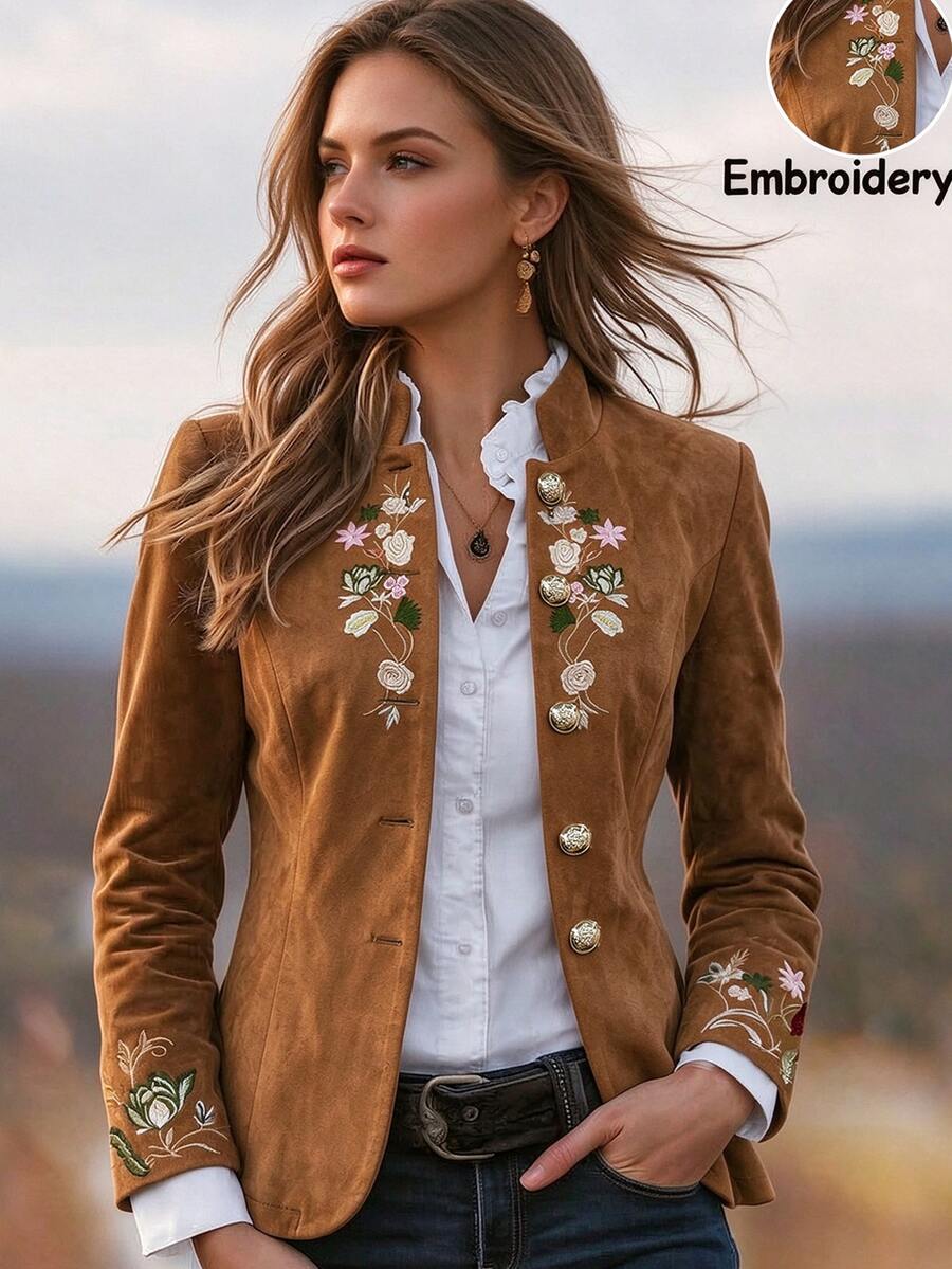 SHEIN Women's New Autumn/Winter Bohemian 1920 Vintage Elegant Casual Style Brown Embroidered Jacket Holiday Going Out Fancy Formal