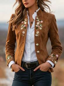 SHEIN Women's New Autumn/Winter Bohemian 1920 Vintage Elegant Casual Style Brown Embroidered Jacket Holiday Going Out Fancy Formal - Brown - View 5