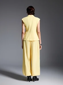 Airaco Women's Solid Color Pleated Top And Pants Casual Smart Casual Business Casual Daily Set Brunch Office Soft Yellow Summer - Yellow - View 2